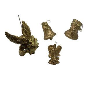 4 Piece Angel Bell Ornaments Gold Tone Plastic Glitter Christmas Decor